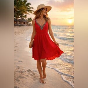 Alexia Admor Red Embellished V-Neck Fit & Flare Boho Statement Dress Size L